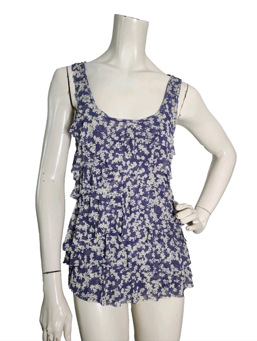 Express Mesh Tiered Ruffle Tank Top Women's S Blue Ditsy Floral Y2K